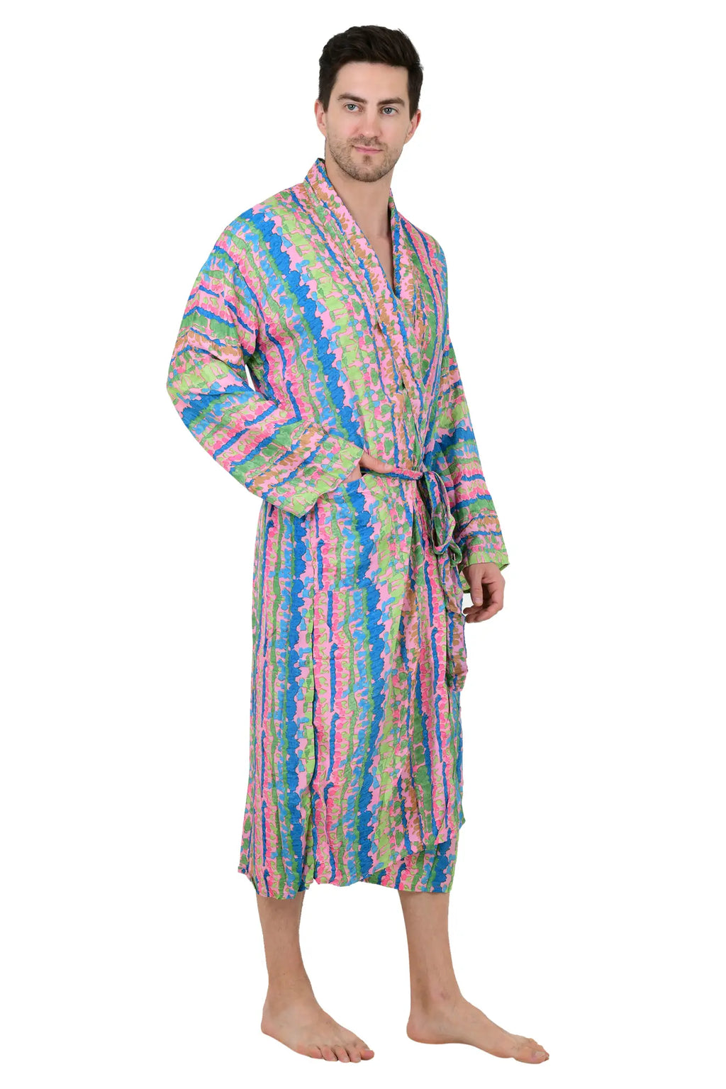Men's Silk Kimono Robe in pink green geometric