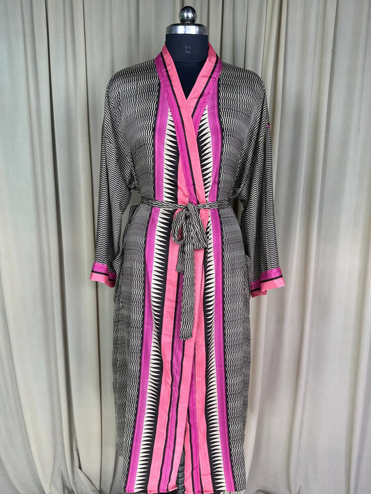 Recycle Silk Sari Women Kimono | Boho Chic Beach Cover Up Vintage Lounge Dressing Robe l Resort Wear Regal Gypsy House Robe, Beige Geometric