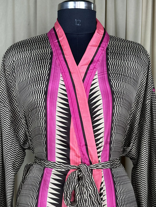 Recycle Silk Sari Women Kimono | Boho Chic Beach Cover Up Vintage Lounge Dressing Robe l Resort Wear Regal Gypsy House Robe, Beige Geometric