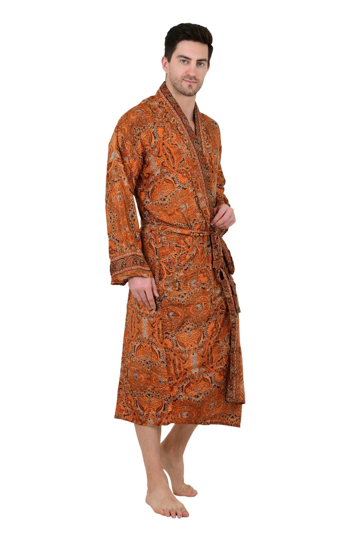 Boho Men's Soft Silk Kimono, Man Regal House Beach Robe, Floral Persian King Elegant Brown Orange Hues Beach Cover Up, Perfect Gift for Dad