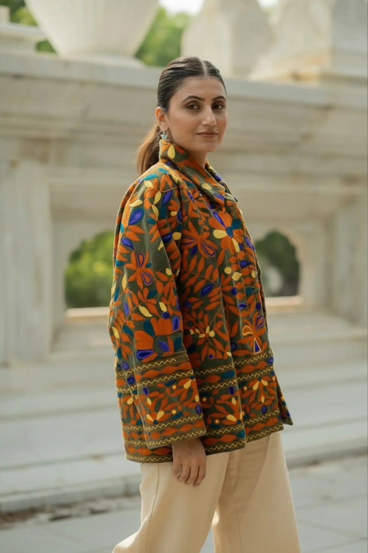 Velvet Suzani Embroidered Short Jacket | Autumn Winter Boho Gypsy | Artisan Hand Crafted Luxury Gift For Her | Olive Green Orange Outerwear