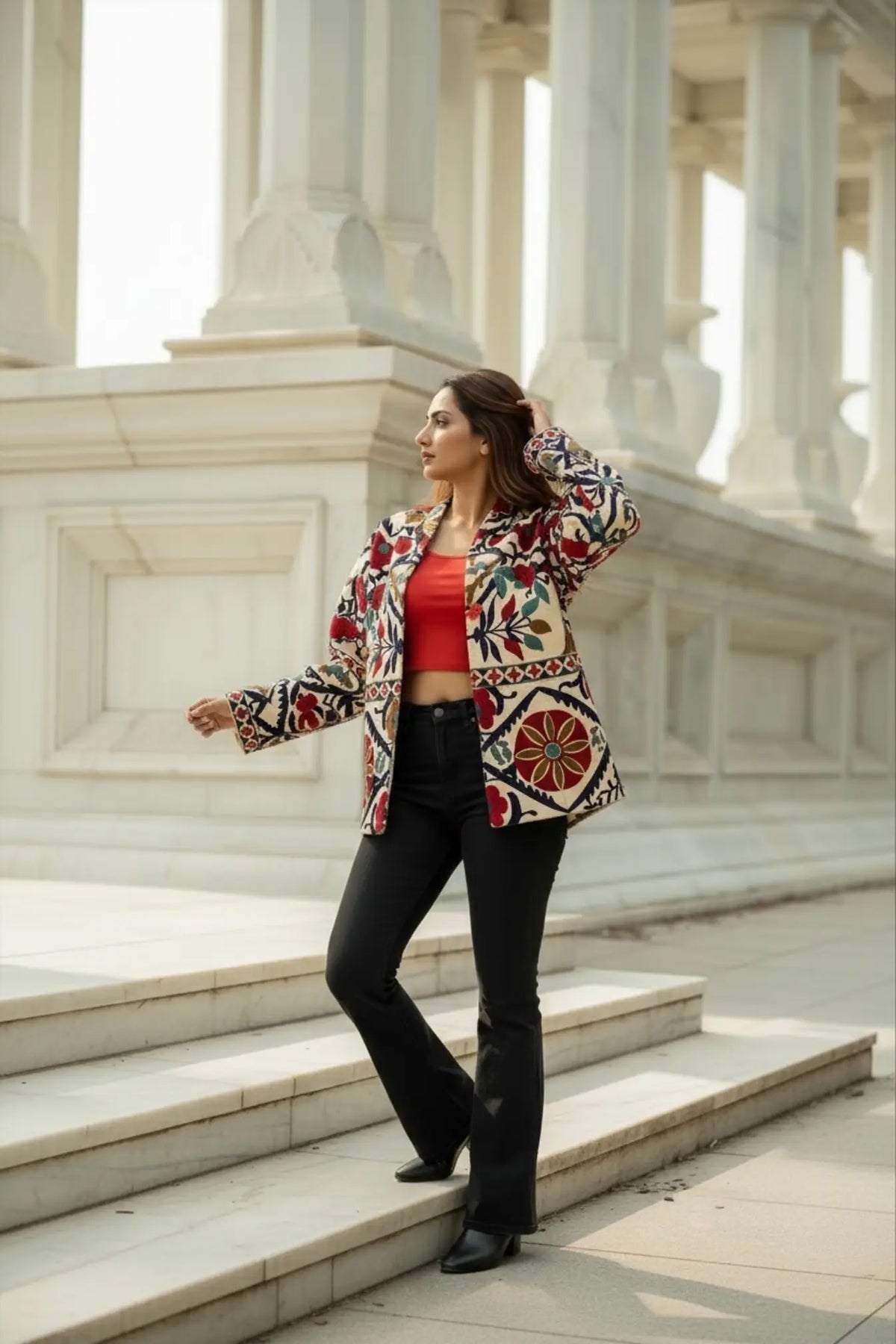 Women's Suzani embroidered Cotton Short Jacket in green orange