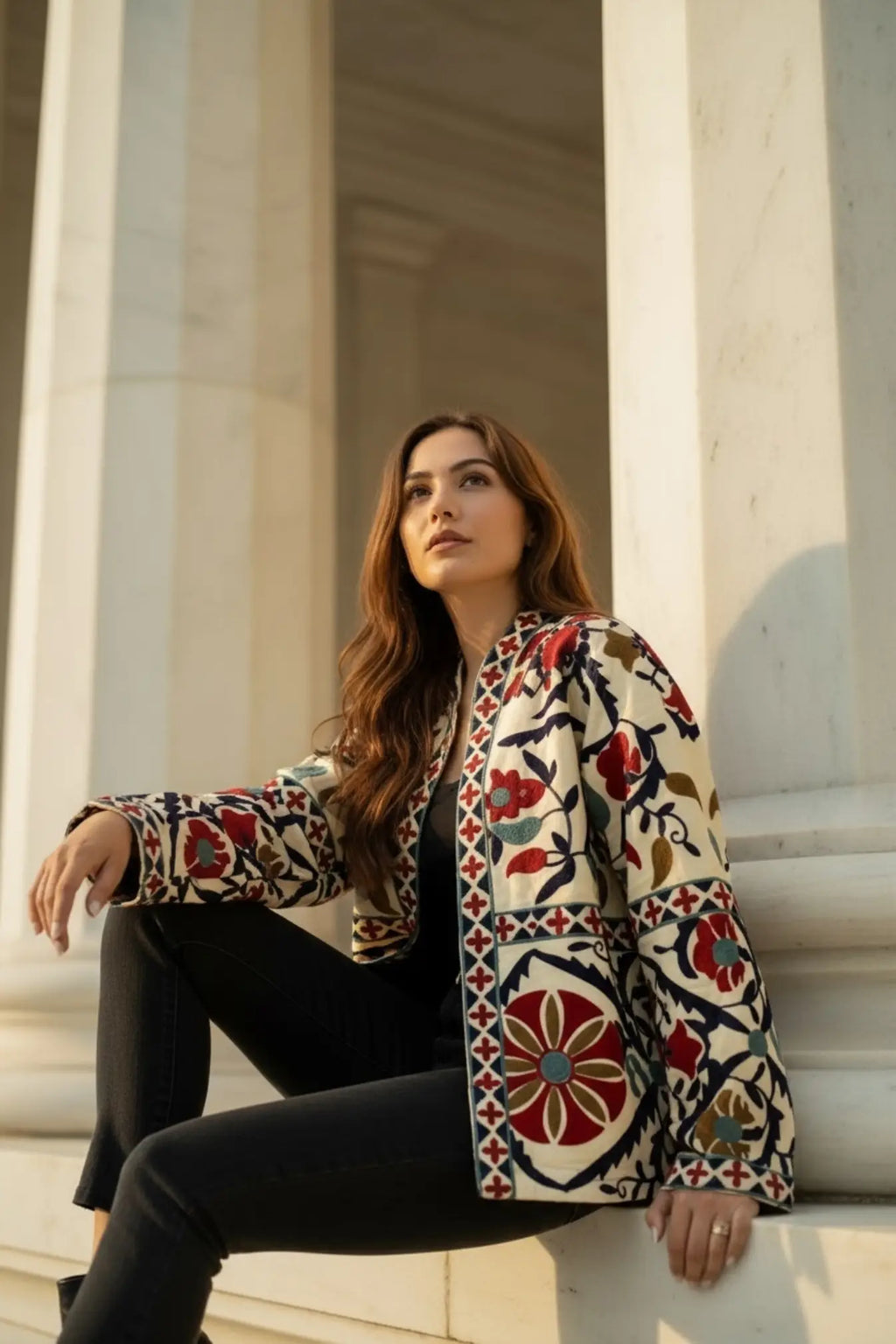 Women's Suzani embroidered Cotton Short Jacket in green orange