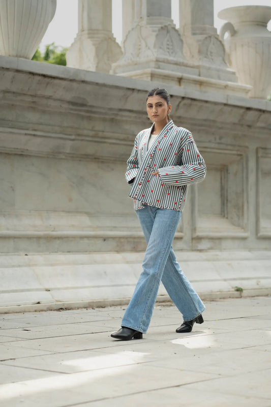 Quilted Short Bohemian Jacket for Women | Quirky Handmade Gray White Heart Print | Front Open Cotton Jacket | Anniversary  Love Gift for Her