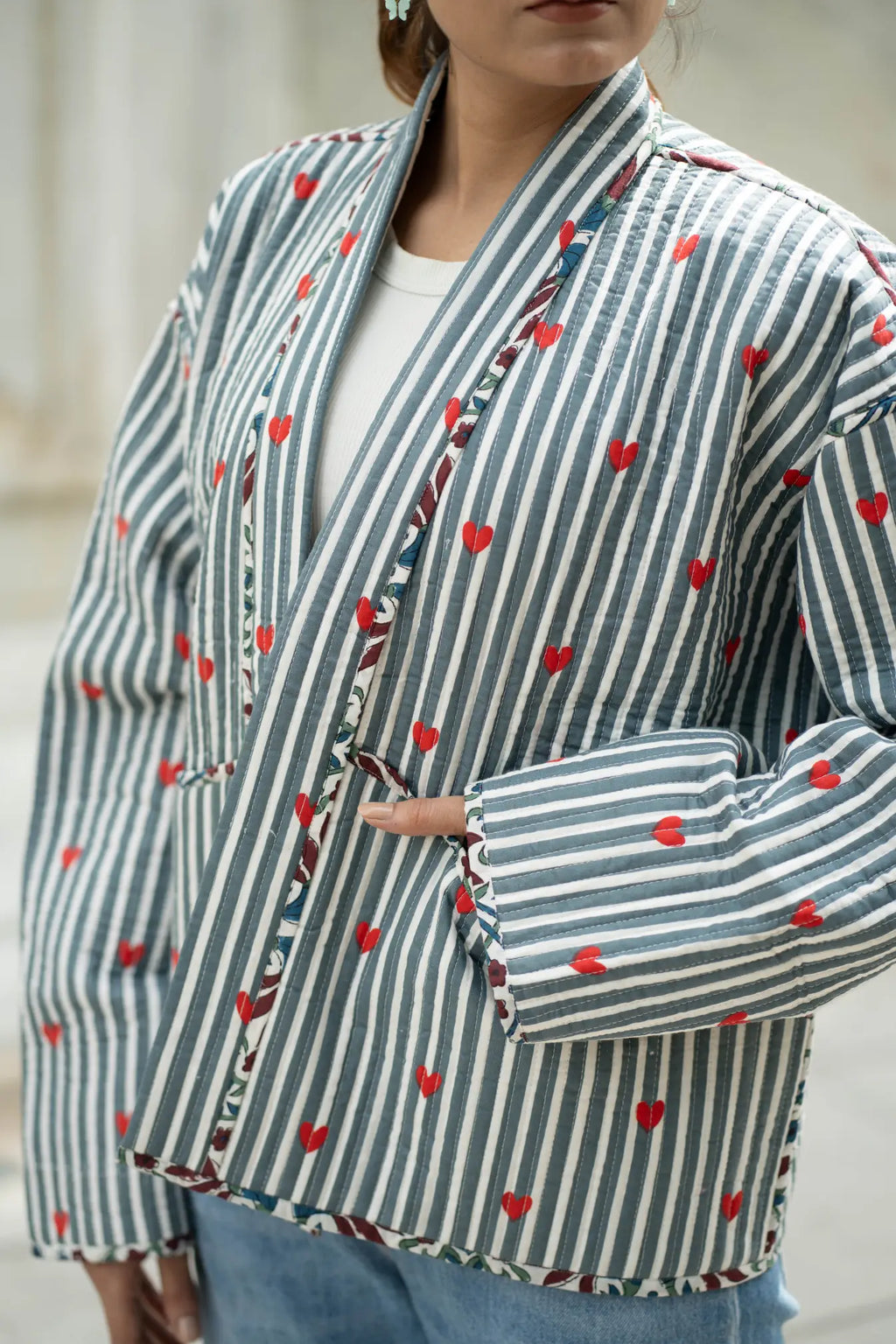 Women's Cotton Short Jacket in gray white heart