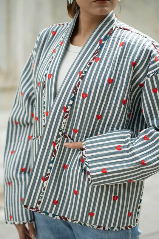 Quilted Short Bohemian Jacket for Women | Quirky Handmade Gray White Heart Print | Front Open Cotton Jacket | Anniversary  Love Gift for Her