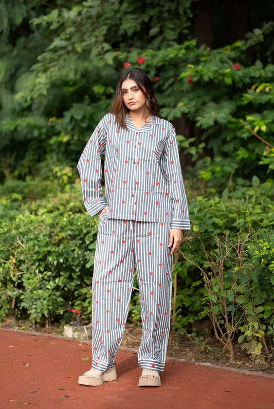 Hand Block Print Cotton PJ Set for Women Soft Lightweight Sleepwear, Breathable Floral Loungewear with Pockets, Boho Holiday Co-Ord Set