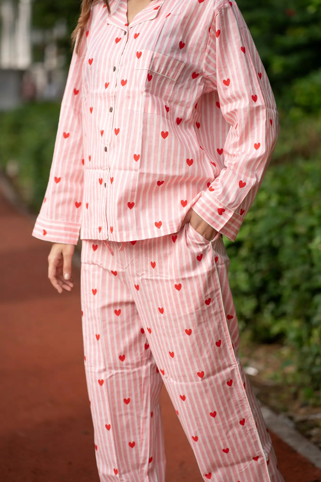 Women's block-printed Cotton Pajama Set in floral with pockets