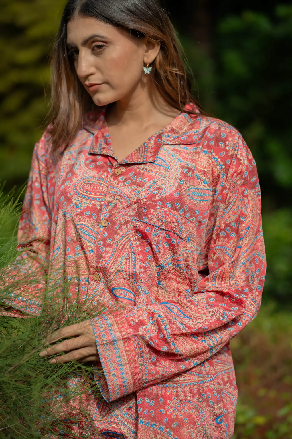 Women's Silk Blend Pajama Set in paisley with pockets