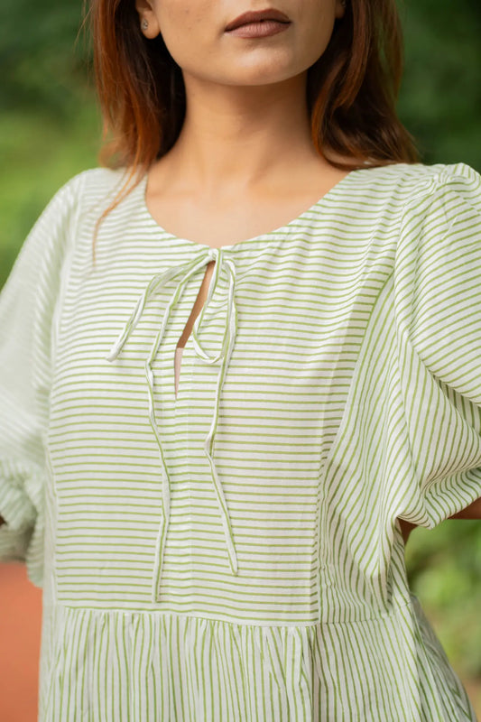 Cotton Midi Dress Stripe Hand Block Print | Boho Oversized Long Sleeves Loose Fit Dress with Pockets, Artisan Style Bridesmaid Gift for Her