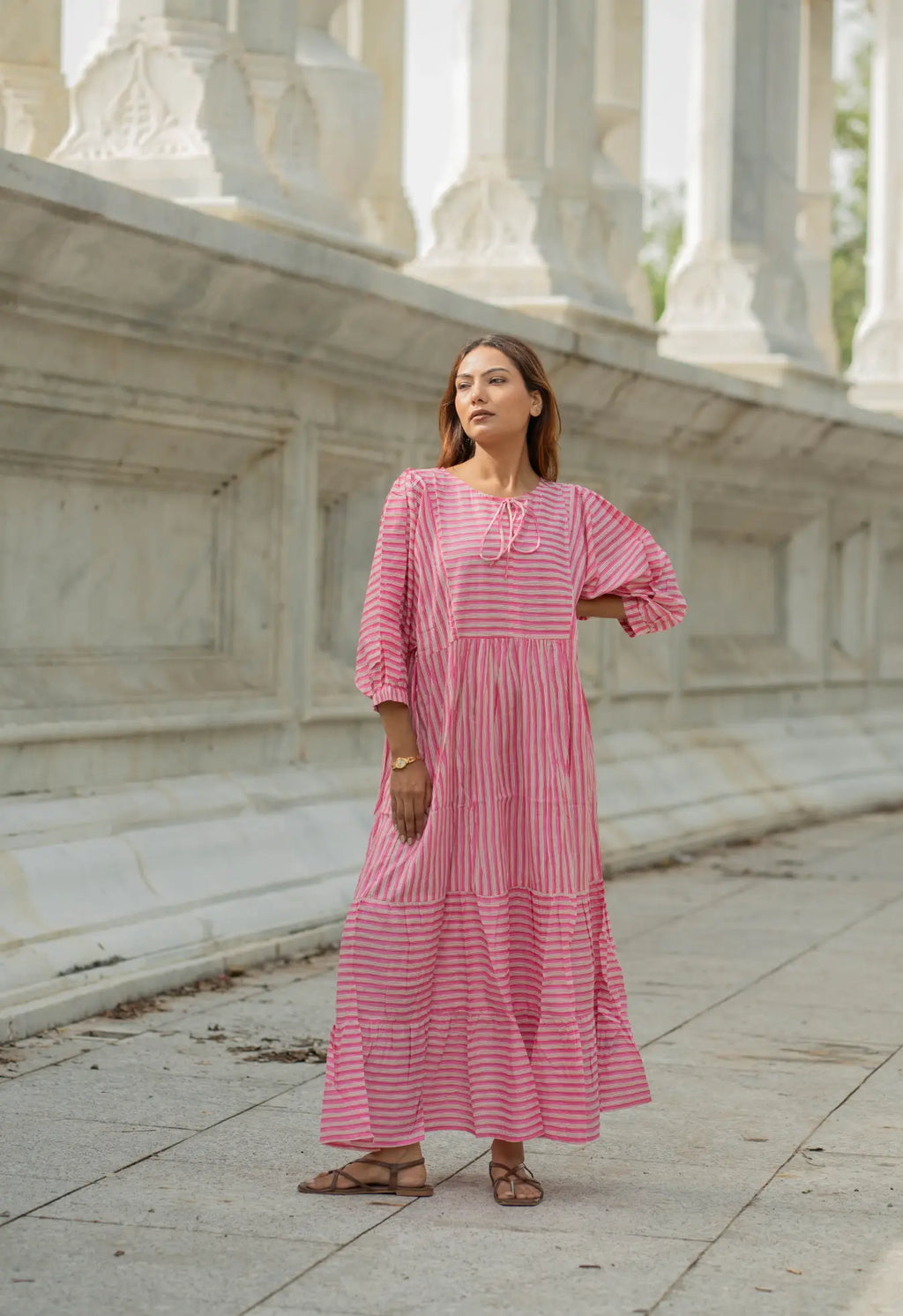 Cotton Midi Dress Stripe Hand Block Print | Boho Oversized Long Sleeves Loose Fit Dress with Pockets, Artisan Style Bridesmaid Gift for Her