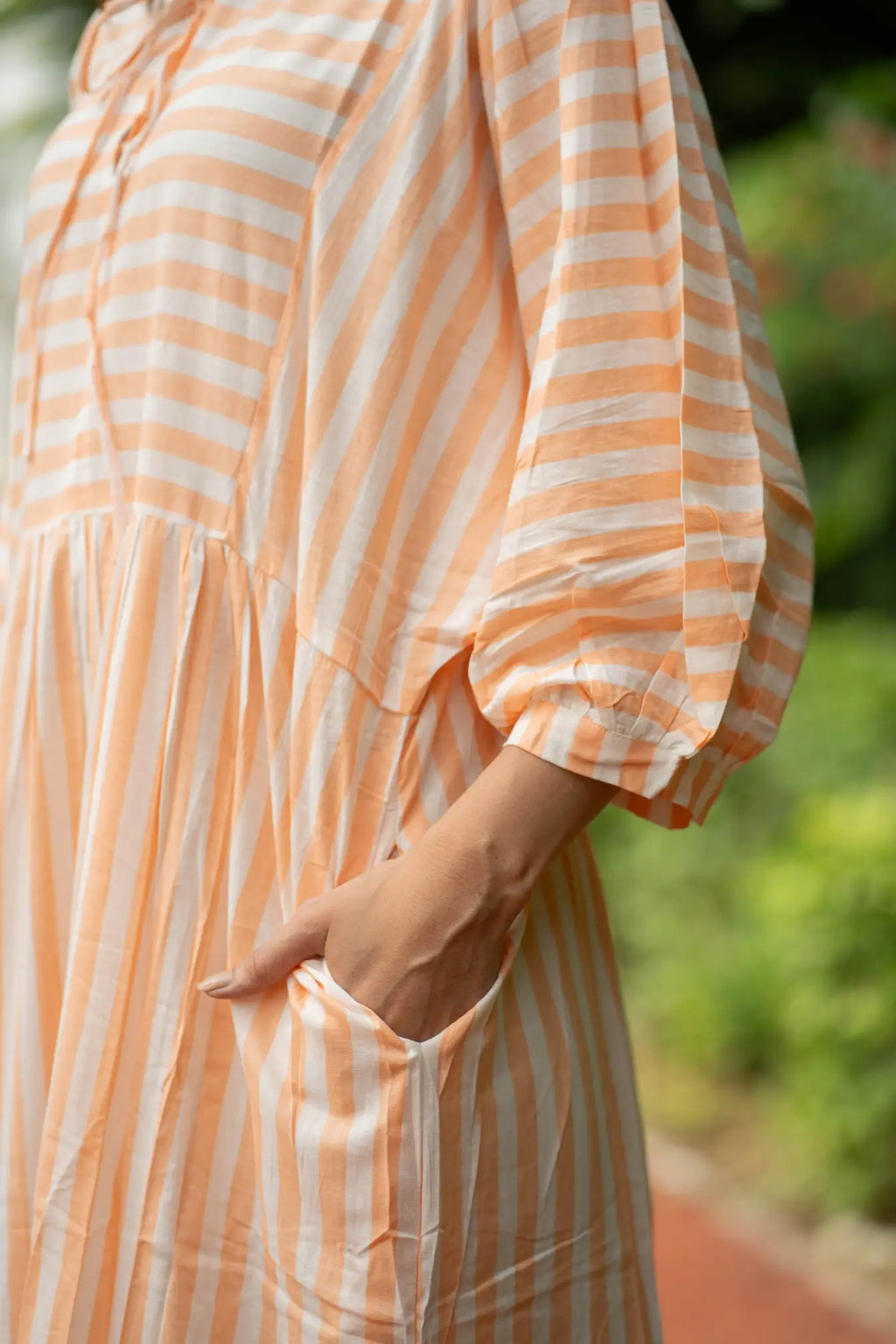 Cotton Midi Dress Stripe Hand Block Print | Boho Summer Sundress with Pockets, Artisan Style Beach Vacation Wear, Bridesmaid Gift for Her