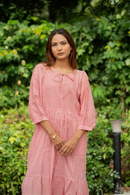 Stripe Hand Block Print Cotton Midi Dress - Boho Summer Sundress with Pockets, Lightweight Artisan Style, Gift for Her Beach Vacation Wear!!