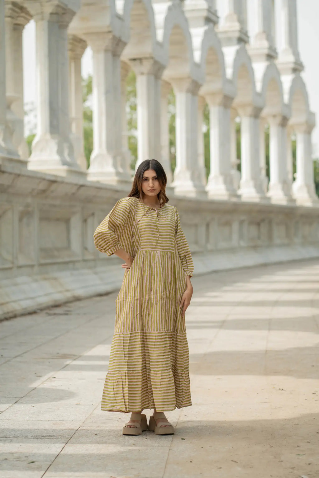 Women's block-printed Cotton Midi Dress in striped with pockets