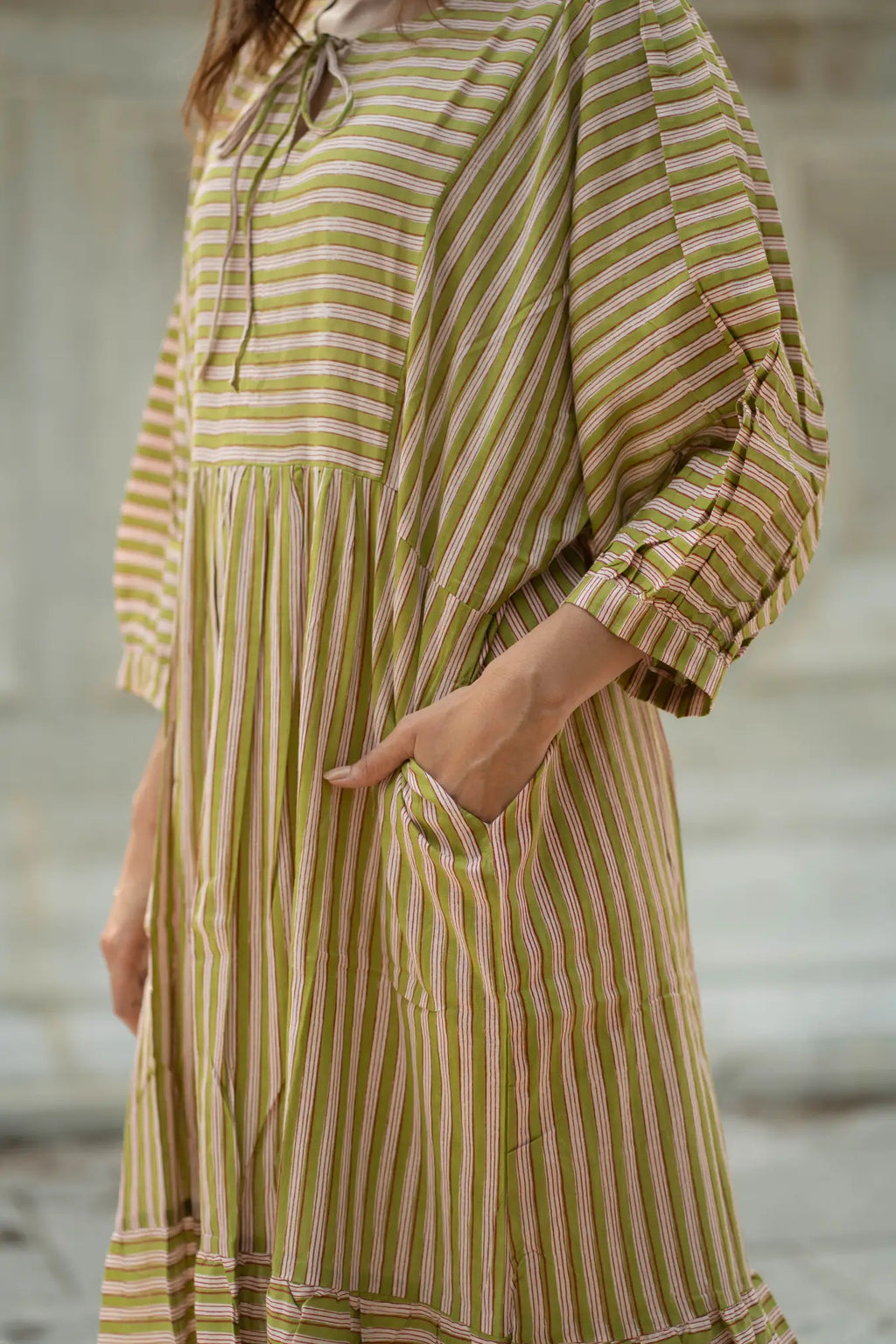 Women's block-printed Cotton Midi Dress in striped with pockets