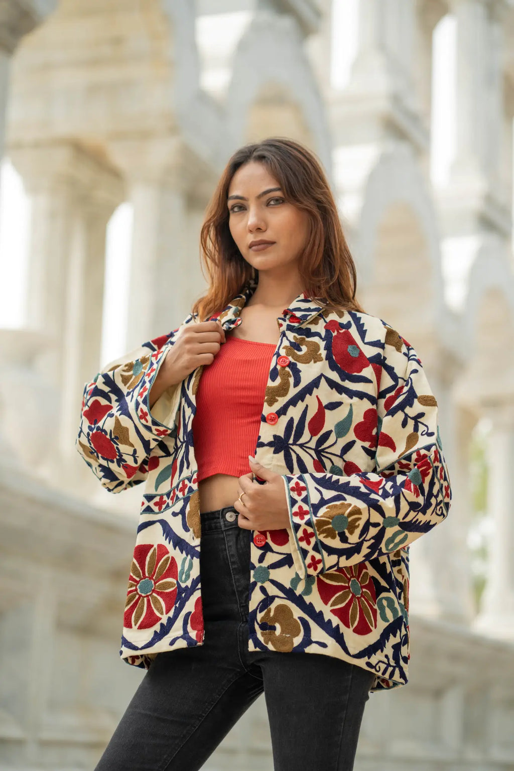 Women's Suzani embroidered Cotton Short Jacket in green orange