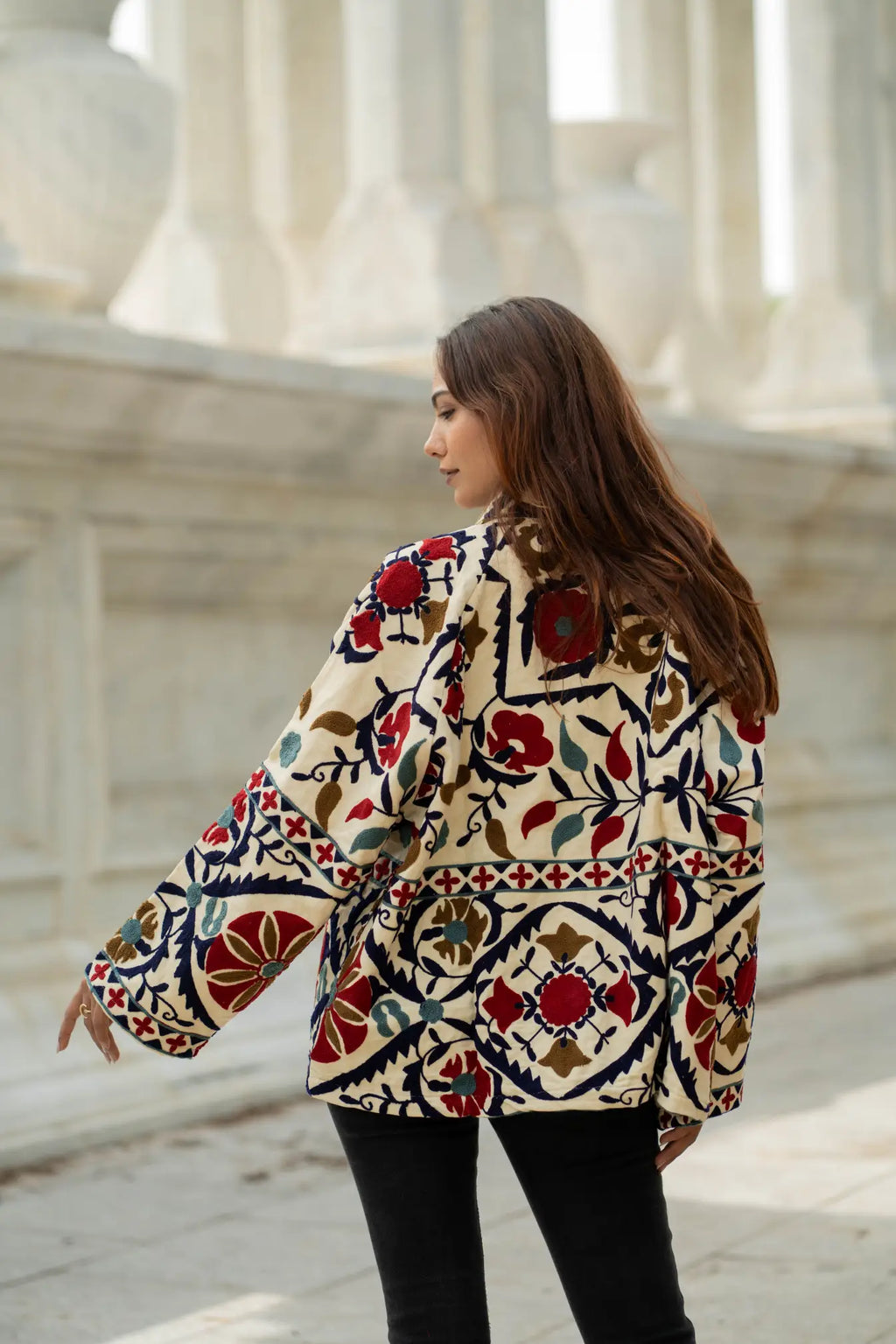 Women's Suzani embroidered Cotton Short Jacket in green orange