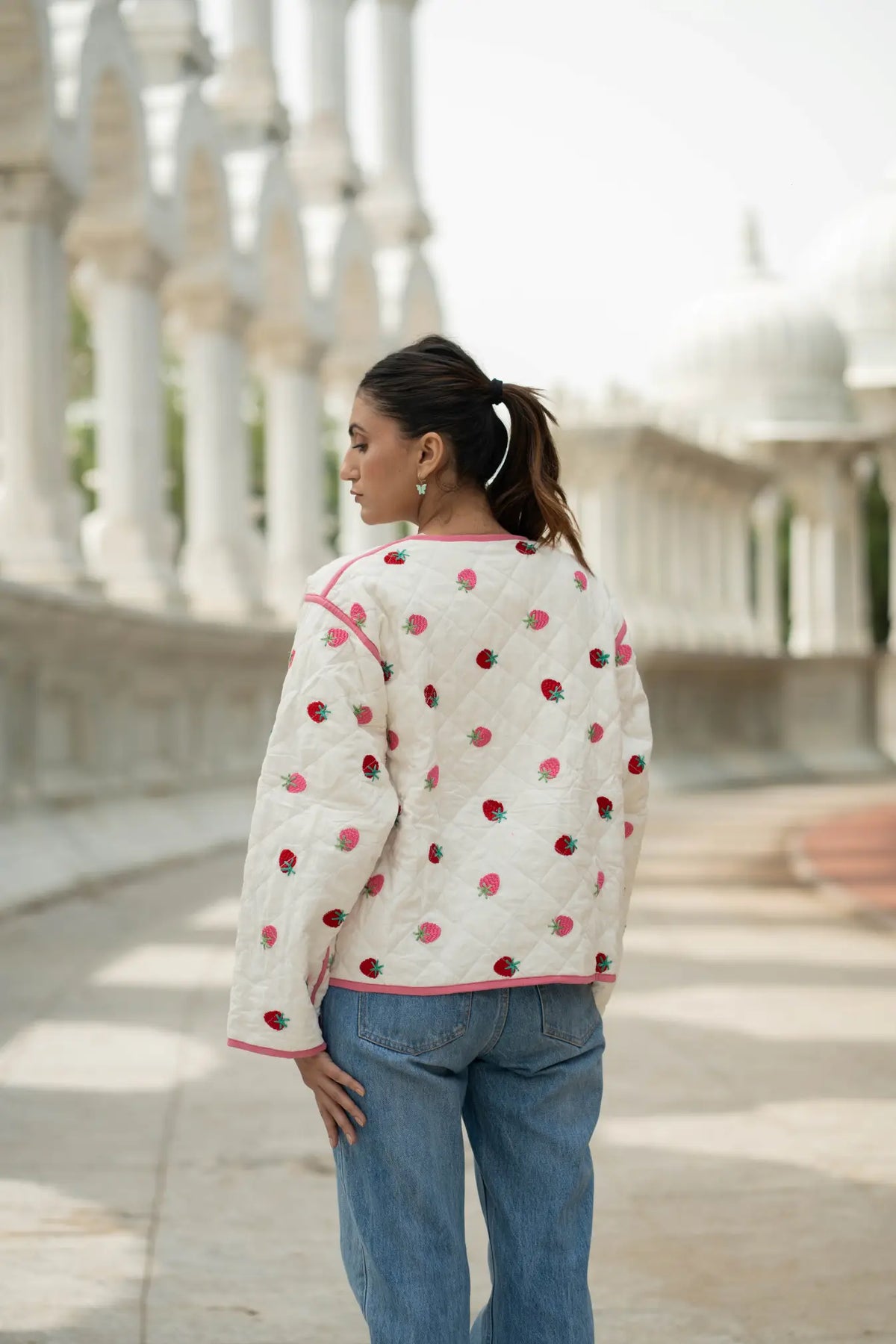 White Cotton Quilted Kantha Jacket | Boho Chic Short Suzani Kimono Coat Strawberry Embroidery, Handmade All Season Women Girl Gift Idea Her