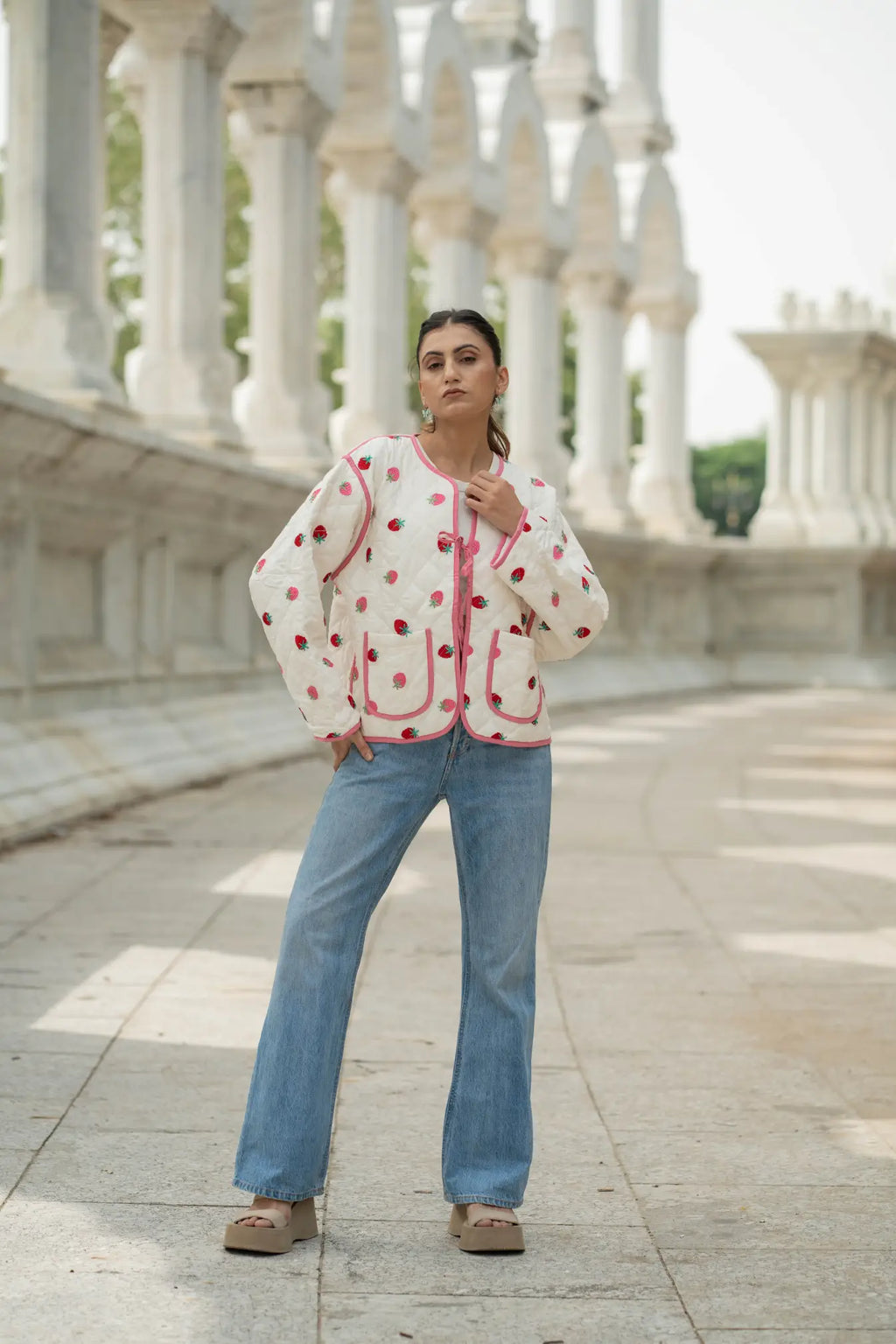 Women's Kantha-stitched Suzani embroidered Cotton Short Jacket in white