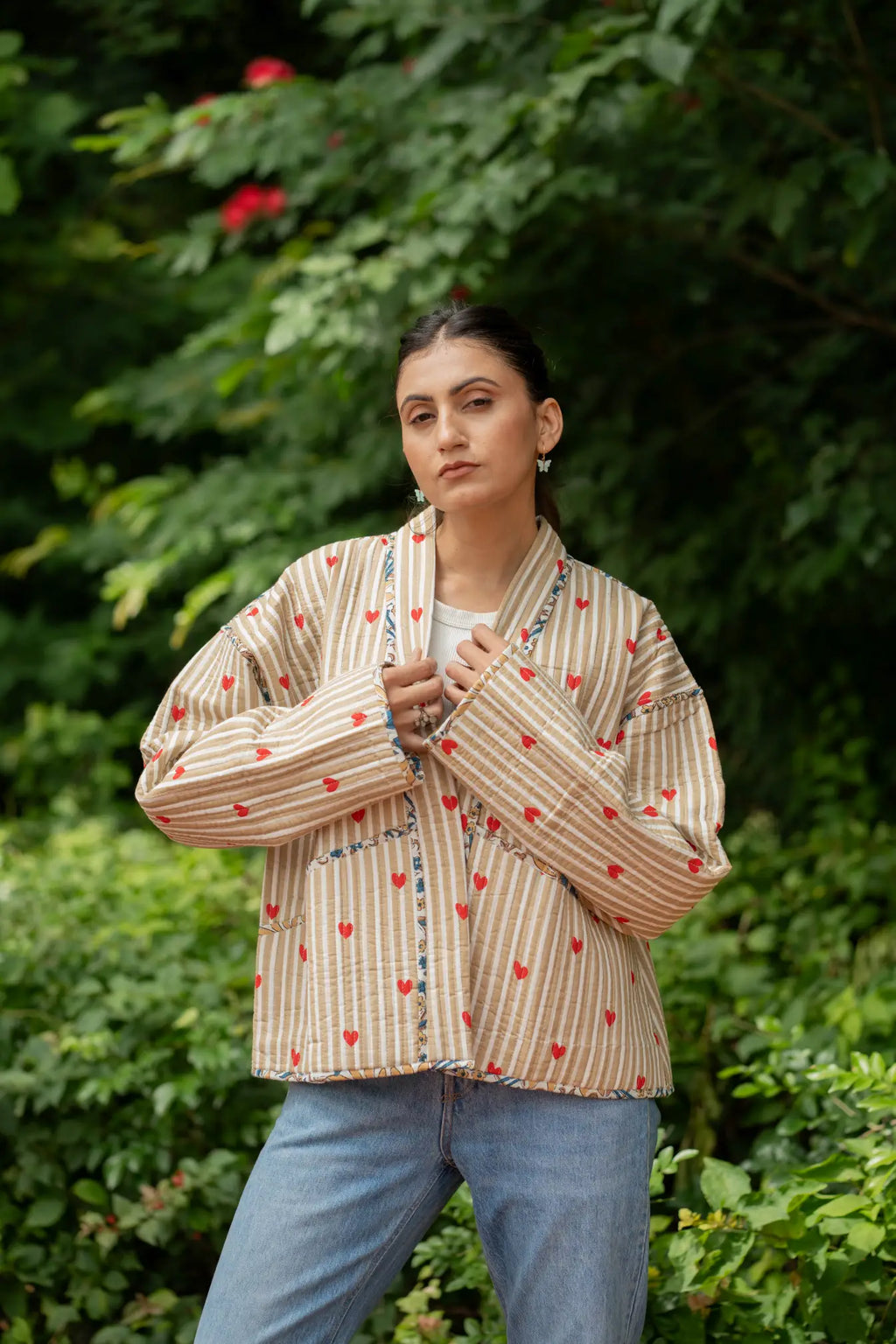 Women's Cotton Short Jacket in brown striped