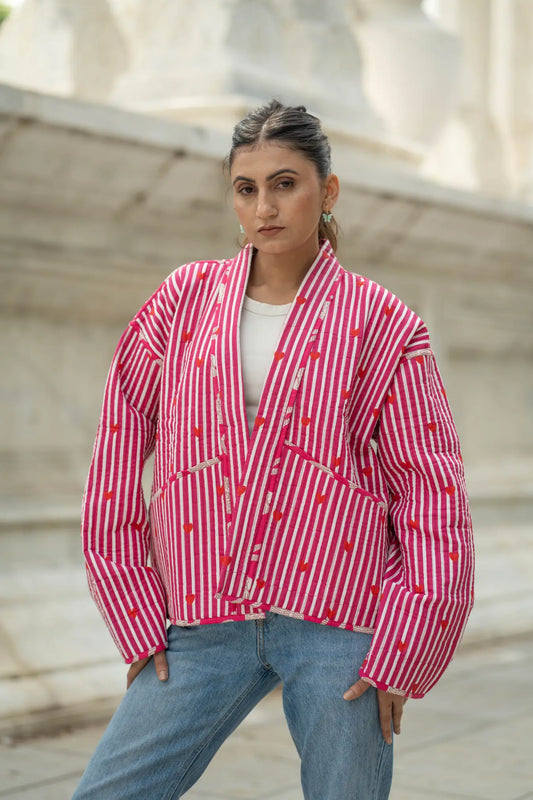 Quilted Short Bohemian Jacket for Women | Quirky Handmade Gray White Heart Print | Front Open Cotton Jacket | Anniversary  Love Gift for Her