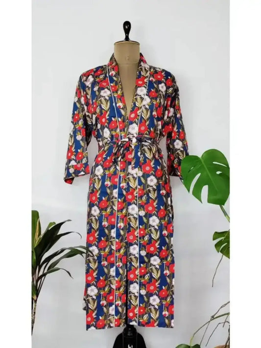 Robes de maison imprimées à la main en pur coton Kimono d’été Cool Bleu Rouge Blanc Floral Beach Coverup/Confortable Maternité Maman Cadeau Elle/Petite amie/Soeur