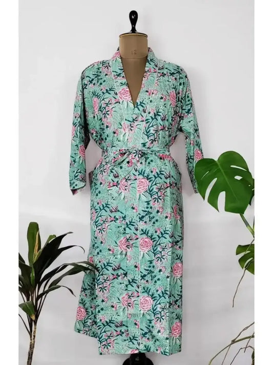 Robes de maison imprimées à la main en pur coton Kimono d’été | Aqua Marine Blue Turquoise Floral Beach Coverup/Cadeau de maman de maternité confortable pour sa sœur