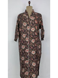 block-printed Cotton Kimono Robe in black beige floral