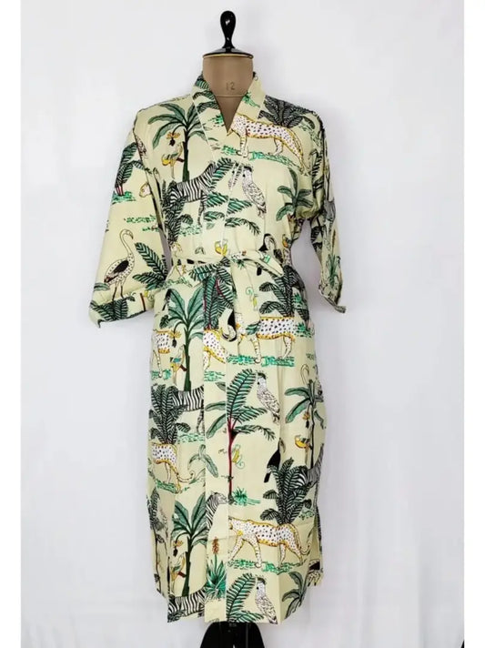 Robe de maison indienne imprimée à la main en pur coton Kimono d’été | Beige Jungle Safari Beach Coverup/Maman de maternité confortable