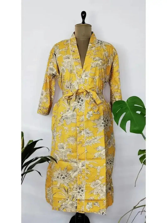 Robe de maison indienne imprimée à la main en pur coton Kimono d’été | Noir jaune Anthro Leaf Floral Print Beach Coverup / Cadeau de maman de maternité confortable