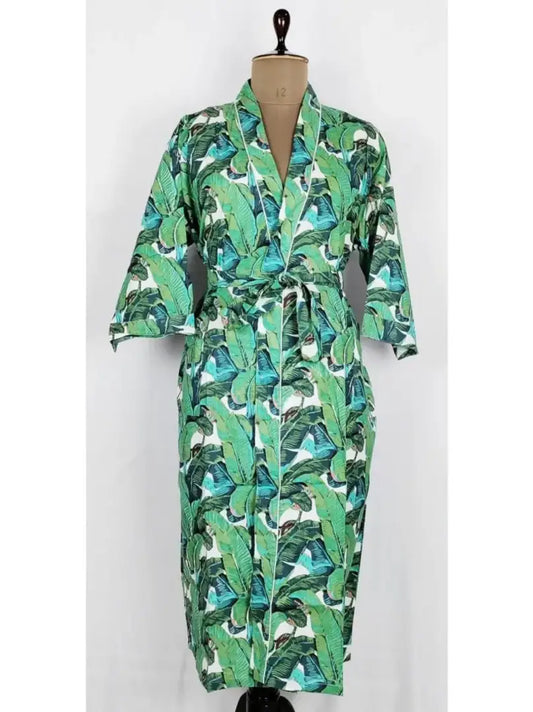Robe de maison indienne imprimée à la main en pur coton Kimono d’été | Couverture de plage de forêt de feuilles vertes/maman de maternité confortable
