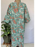 Pur coton Kimono indien imprimé à la main Boho House Robe Robe d’été, Magnifique Turquoise Pêche Botanique Plage Coverup Maternité Maman Mariée