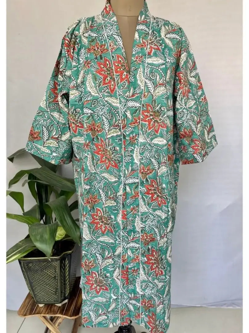 Pur coton Kimono indien imprimé à la main Boho House Robe Robe d’été, Magnifique Turquoise Pêche Botanique Plage Coverup Maternité Maman Mariée