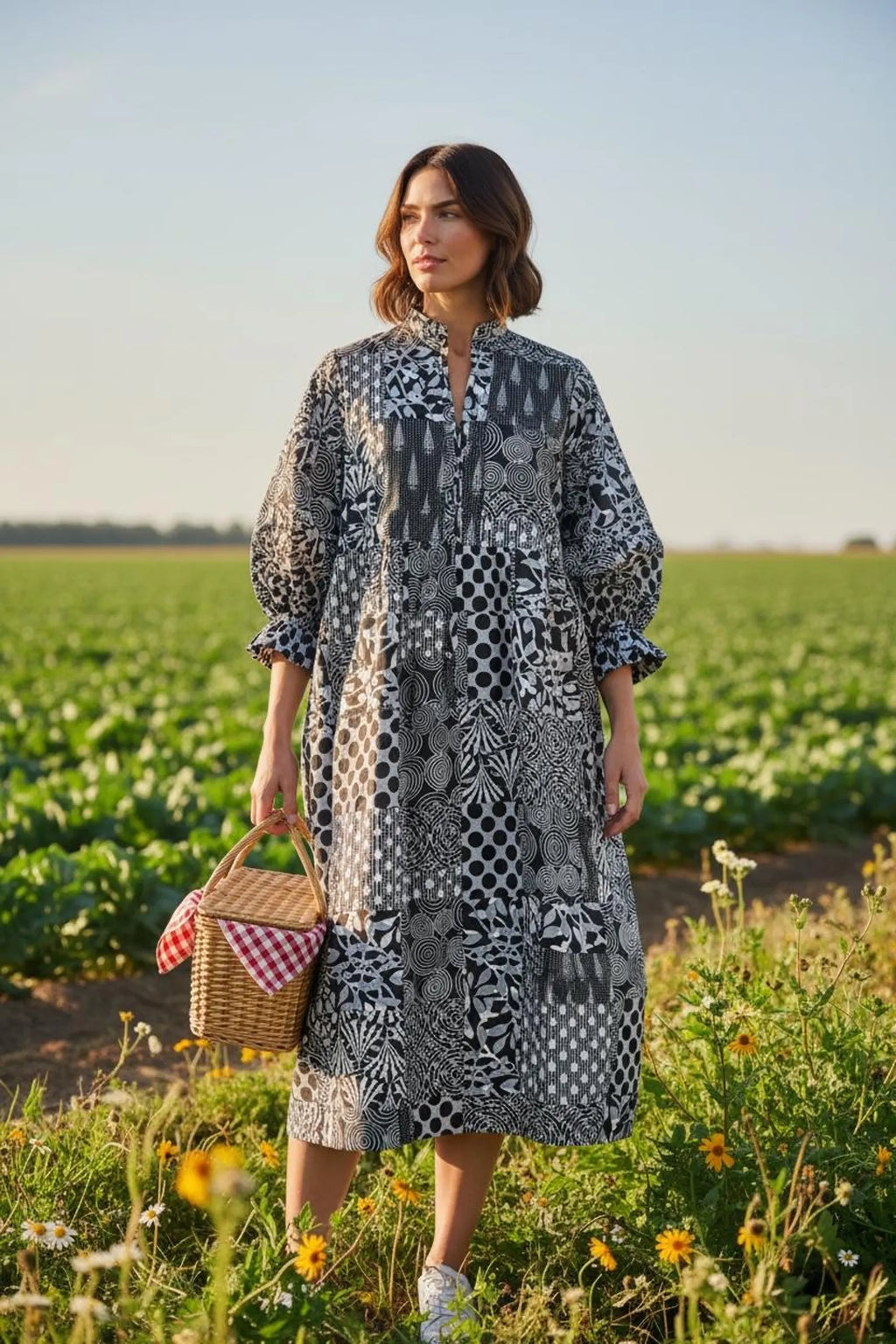 block-printed Cotton Patchwork Dress in black
