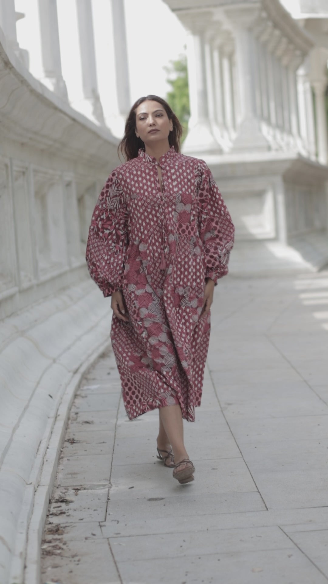 Red-Hue Patchwork Cotton Dress: Hand-Stitched Block Print, Fits XXL