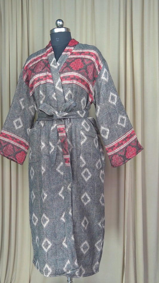 Yak Wool Blend Kimono Robe: Maroon Geometric Print, Warm Winter Wear