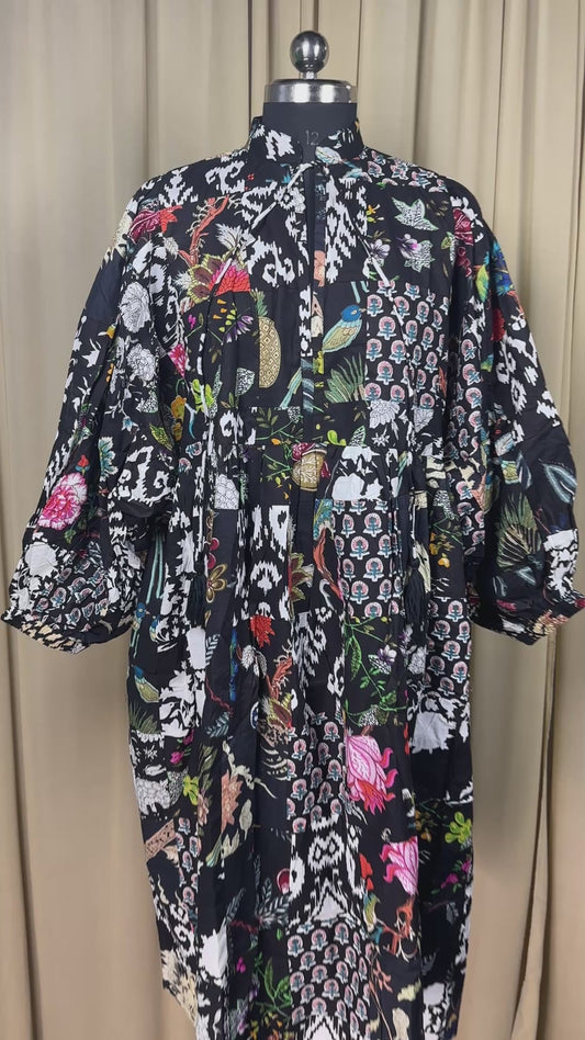 Black Patchwork Cotton Dress: Hand-Stitched Block Print, Fits XXL