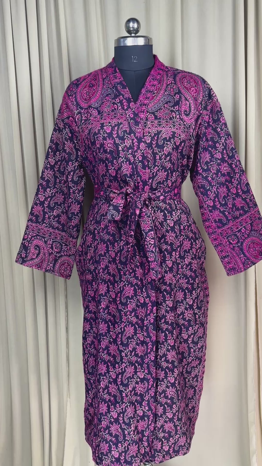 Yak Wool Blend Kimono Robe: Maroon Paisley Print, Warm Winter Wear