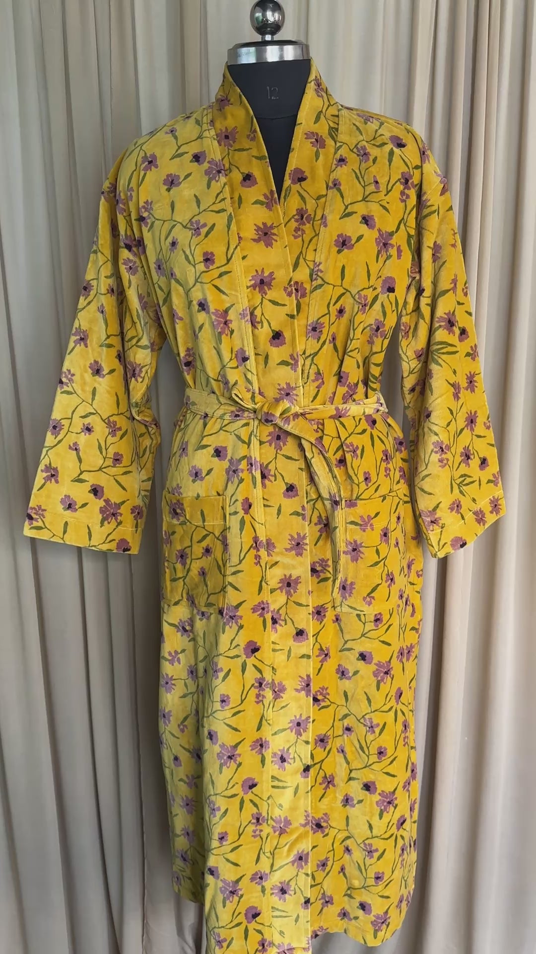 Luxury Velvet Kimono Unisex House Robe | Boho Jacket Autumn Winter Christmas Gift Elegant Reversible Silk Lined | Quirky Gown Yellow Floral