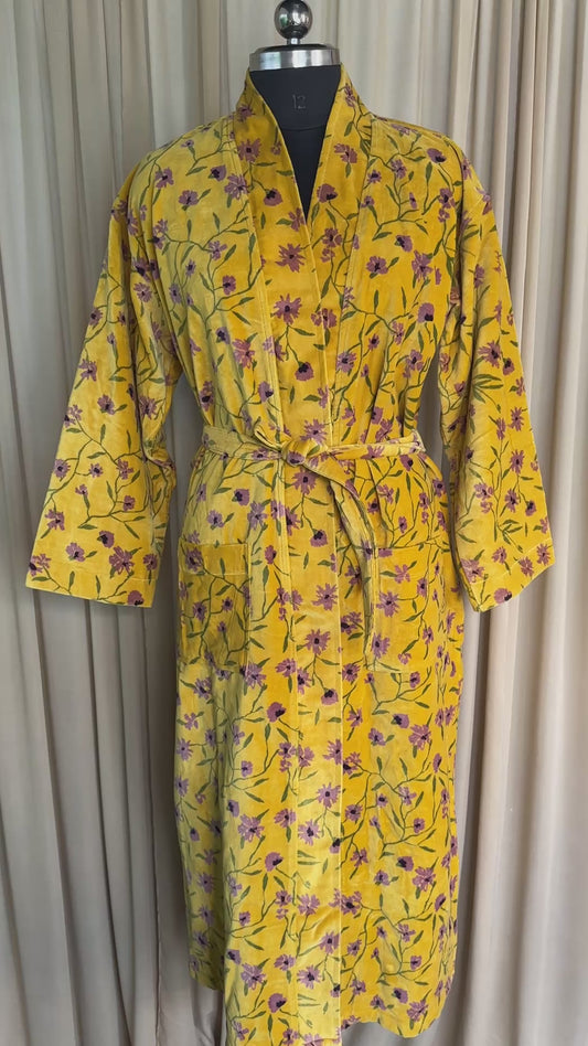 Luxury Velvet Kimono Unisex House Robe | Boho Jacket Autumn Winter Christmas Gift Elegant Reversible Silk Lined | Quirky Gown Yellow Floral