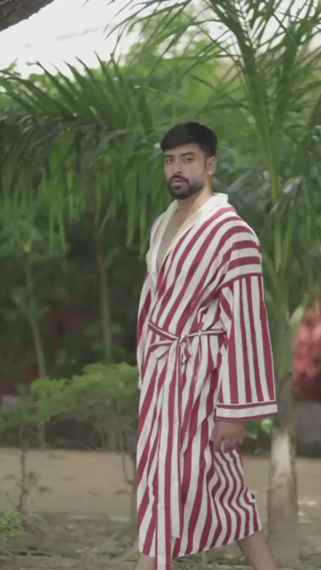 Menâ€™s Cotton Kimono Robe, Reversible Striped Boho Loungewear, Lightweight Spa Beach Resort Outfit with Pockets, One Size Breathable Bathrobe