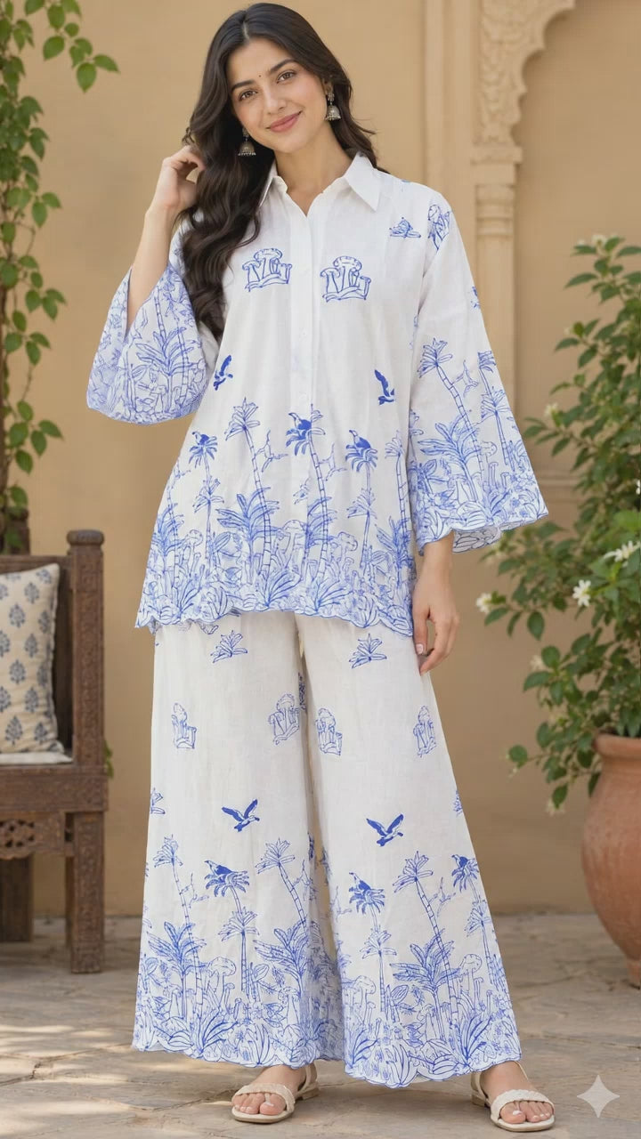 Women's Pyjama Set, Embroidered White Linen Co Ord Set, Blue Floral Wide Leg Pants, Minimalist Boho Loungewear, Gift for Her