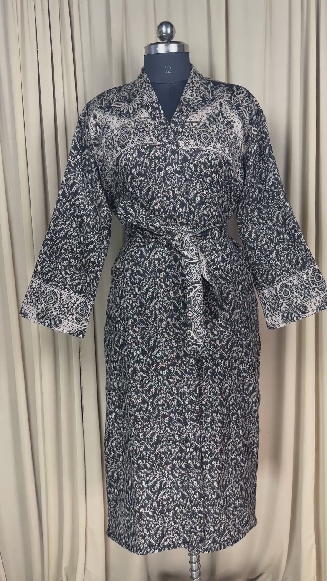 Yak Wool Blend Women Kimono Robe, Cozy Warm Winter Romance Loungewear | Black Floral Cardigan House Coat with Pockets, Quirky Christmas Gift