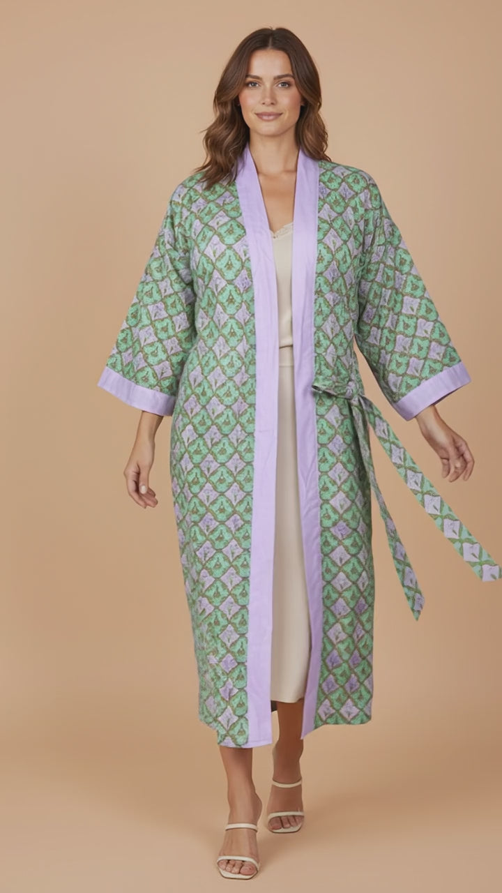 Pure Cotton Handblock Kimono | Indian Printed Summer House Robe, Boho Beach Coverup Kaftan, Bridesmaid Maternity Dressing Gown, Gift For Her