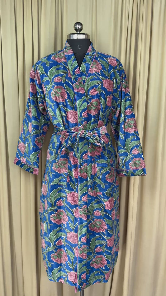 Luxury Velvet Kimono Unisex House Robe | Boho Jacket Autumn Winter Christmas Gift Elegant Reversible Silk Lined | Quirky Gown Blue Floral