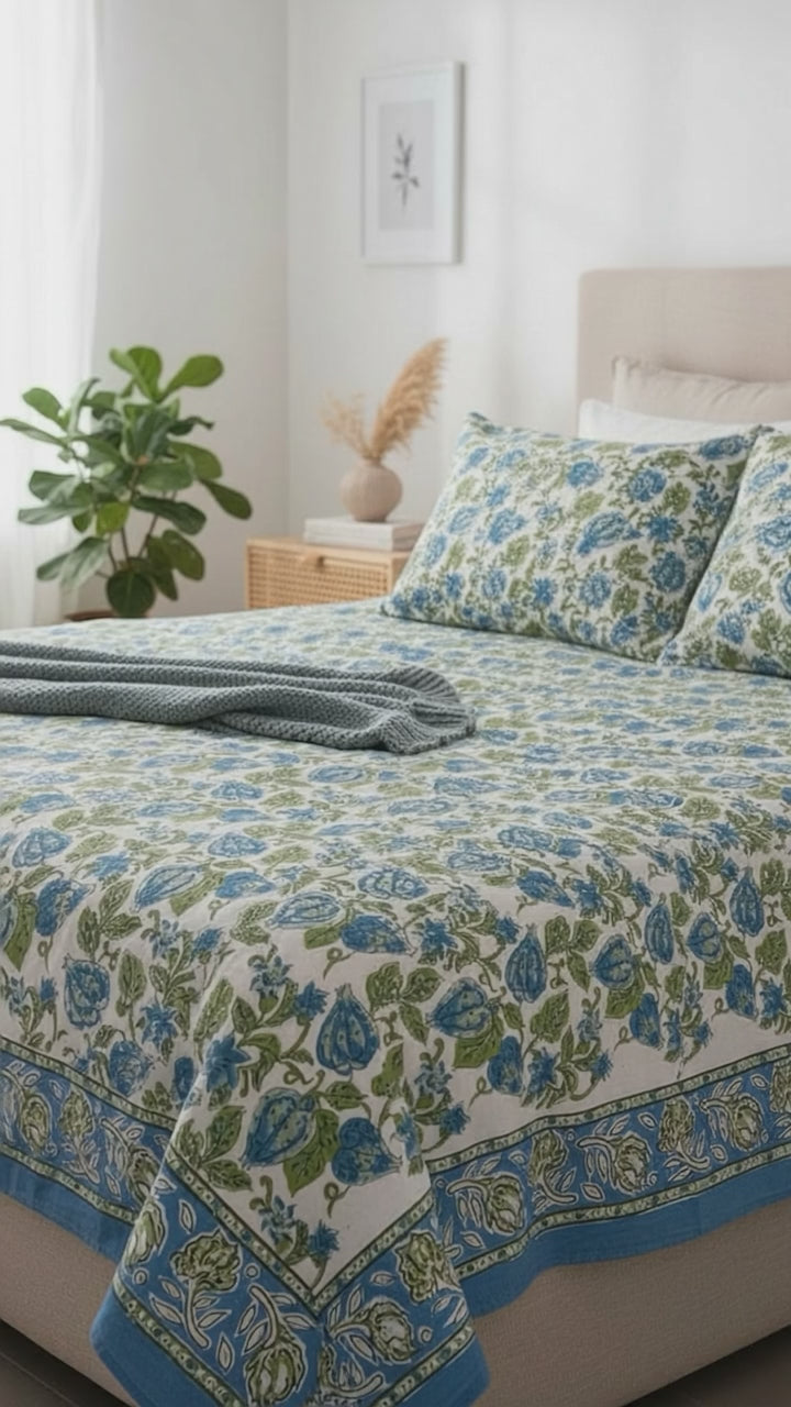 Pure Soft Cotton Bedsheet Set with Pillow Covers | Hand Block Jaipur Floral, Queen King Summer Bedspread, Boho Art Luxurious Home Gift Decor