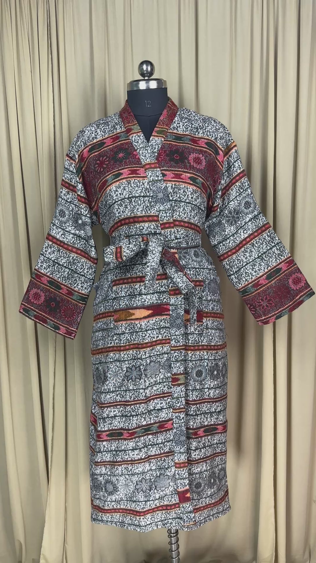 Yak Wool Blend Women Kimono Robe | Cozy Warm Winter Romance Loungewear, White Stripe Cardigan House Coat with Pockets, Quirky Christmas Gift