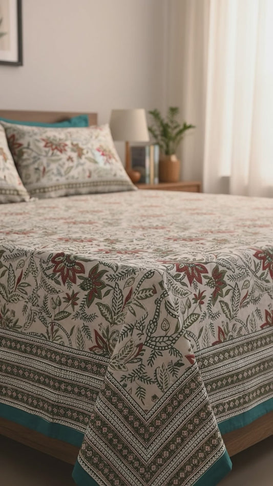 Pure Soft Cotton Bedsheet with Pillow Covers | Hand Block Printed Jaipuri Floral, Queen King Size, Summer Bedspread, Boho Gift Set Decor Art