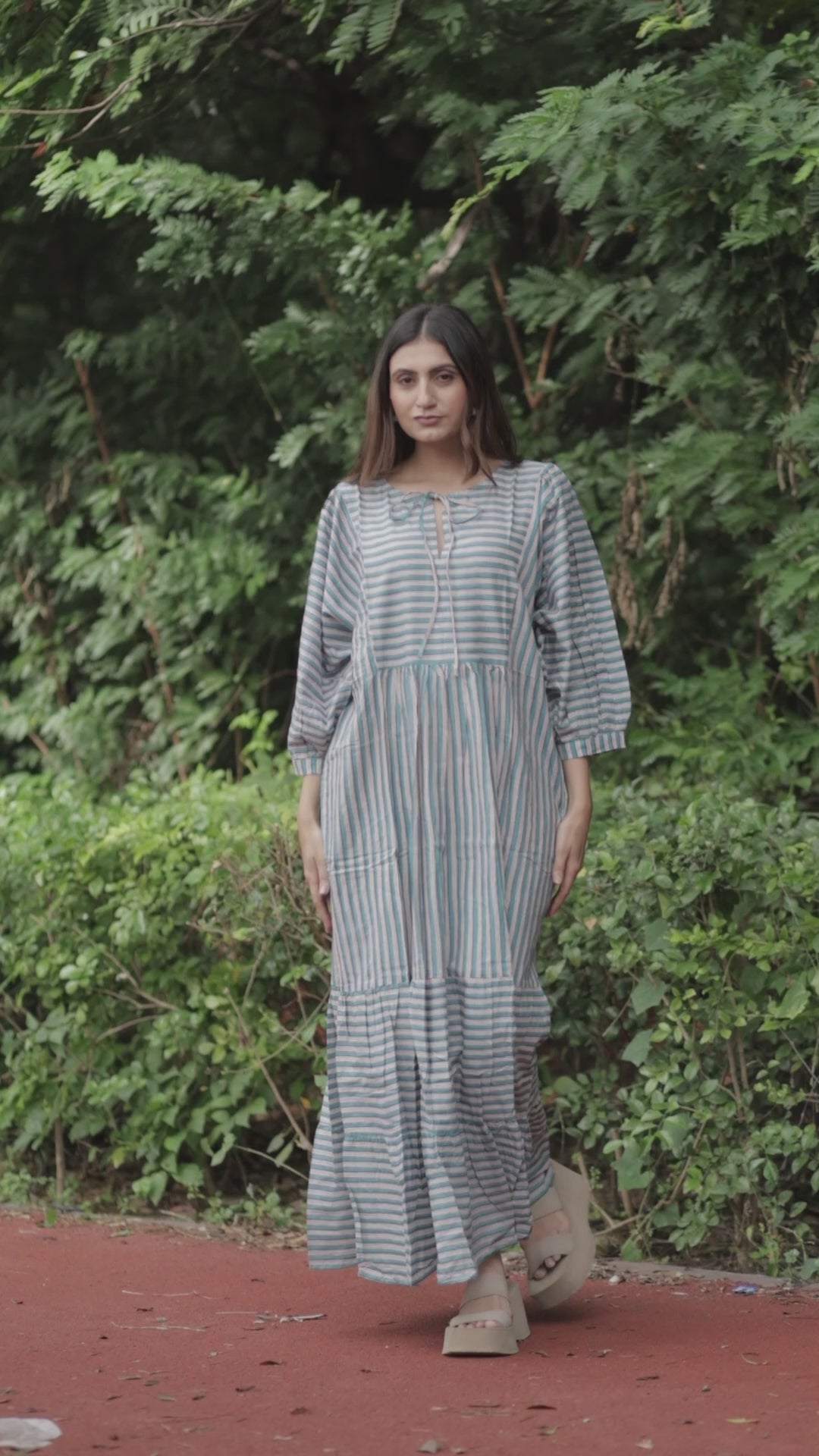 Cotton Midi Dress Stripe Hand Block Print | Boho Summer Sundress with Pockets, Artisan Style Beach Vacation Wear, Bridesmaid Gift for Her