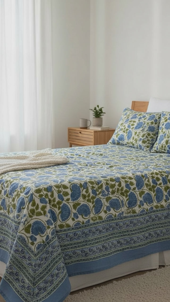 Pure Soft Cotton Bedsheet Set with Pillow Covers | Hand Block Printed Jaipuri Floral | Queen King Size Summer Bedspread | Boho Home Accent